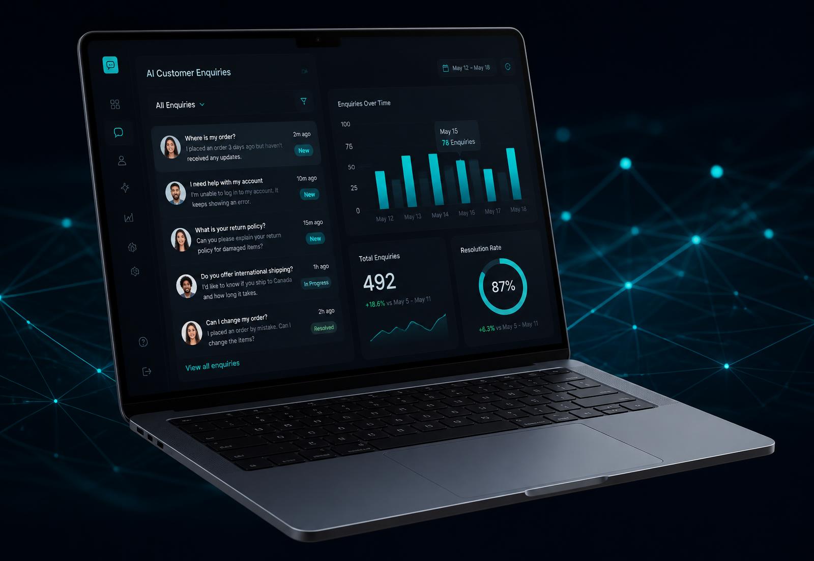 AI customer enquiry dashboard shown on a laptop
