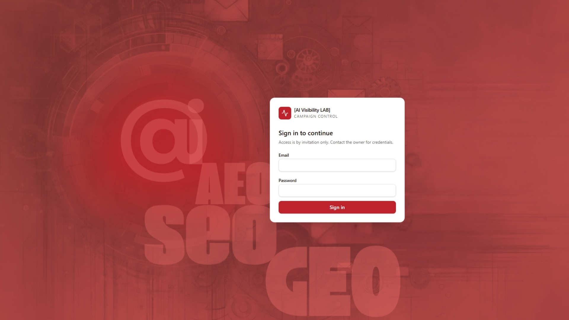 AI Visibility LAB campaign control sign-in screen