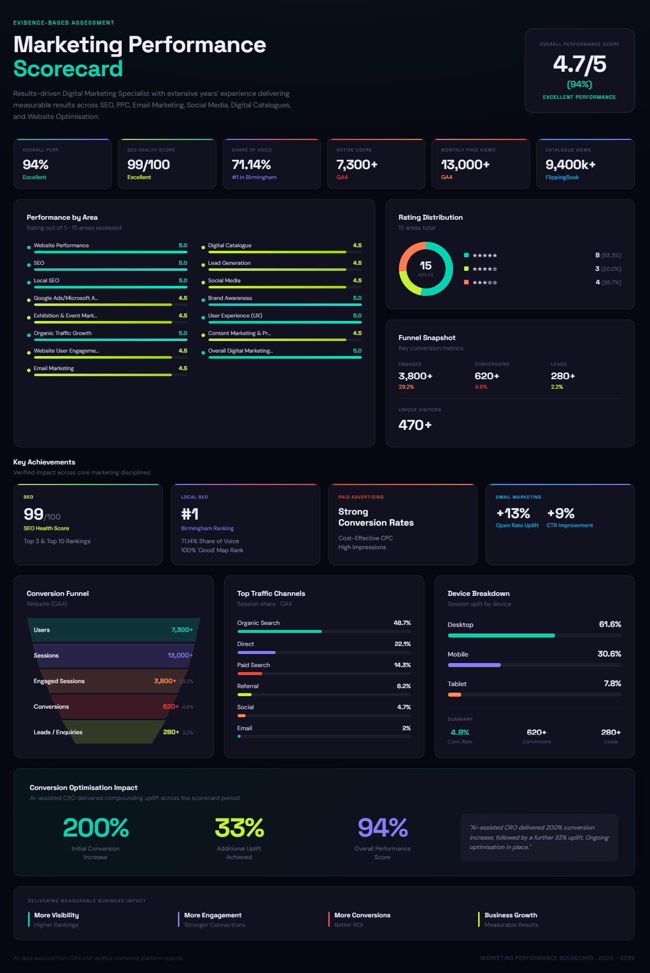 Marketing Performance Scorecard showing website, SEO, digital catalogue, lead generation, traffic, conversion and marketing performance results.